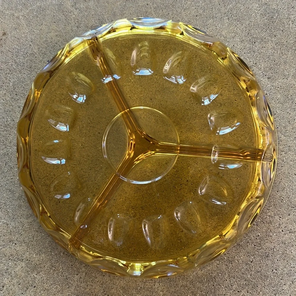 Indiana Glass Co Kings Crown Amber Gold Thumb Print 3 Way Divided Relish‎ Dish